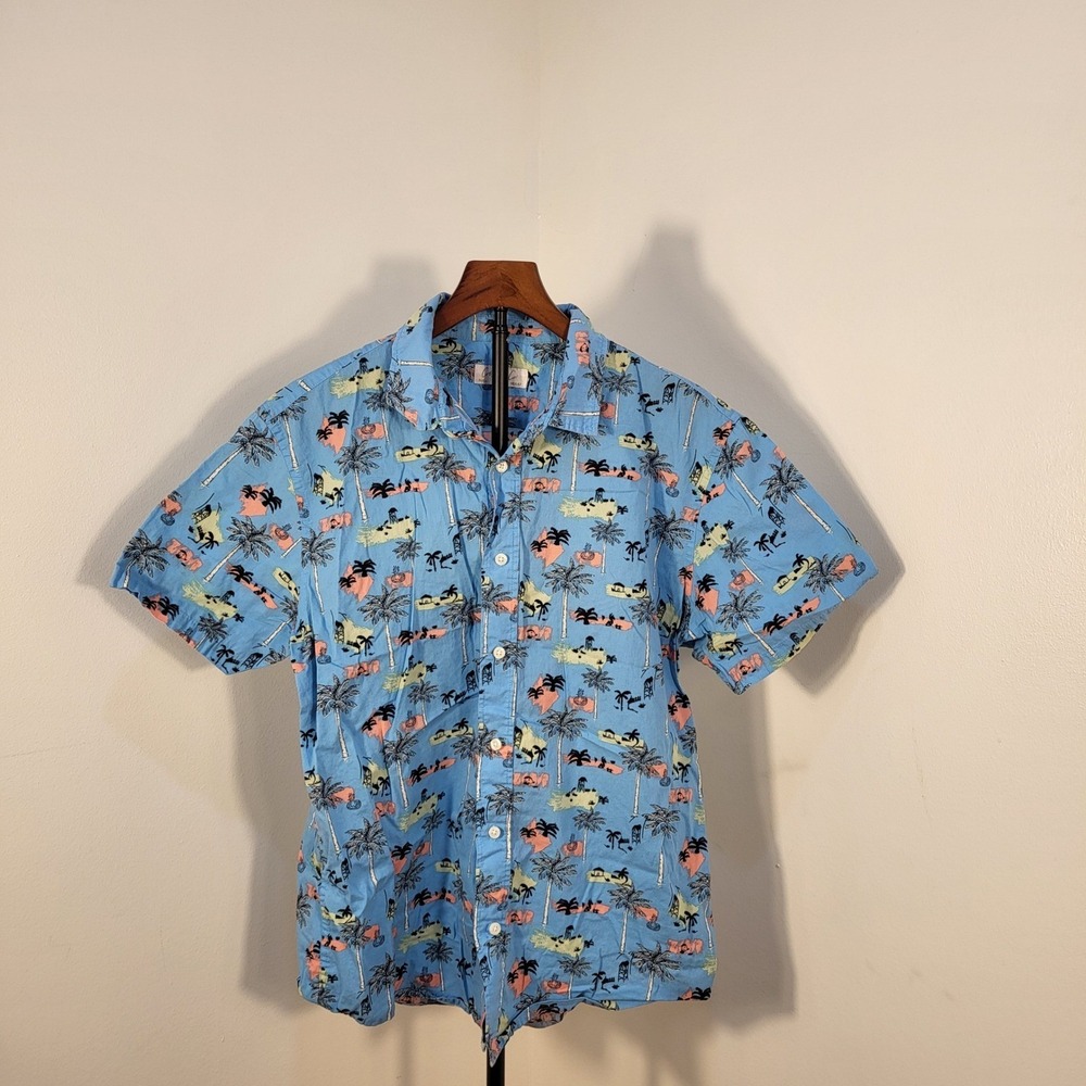 Cotton & Co Mens Large Blue Tropical Palm Tree Beach Print Button Down Shirt L